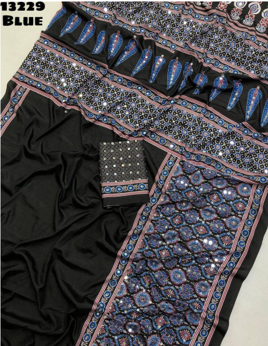 Ajrak pattern mirror work Saree-Blue