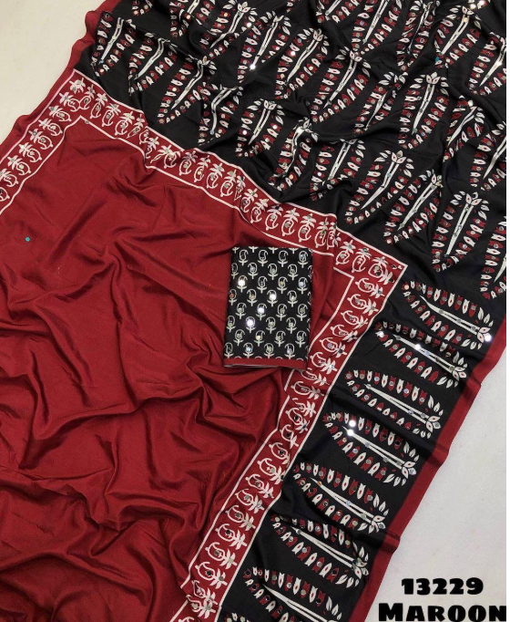 Ajrak pattern mirror work Saree-Maroon