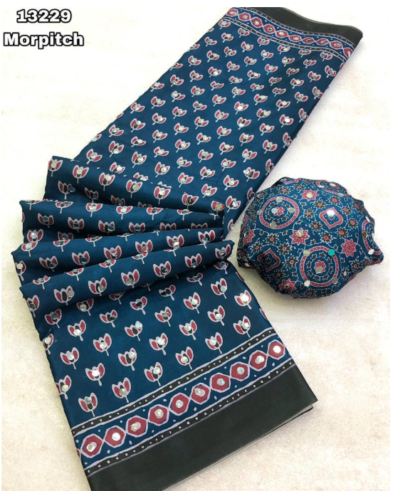 Ajrak pattern mirror work saree in Crepe Silk-MORPITCH