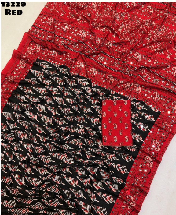 Ajrak pattern mirror work saree-Red