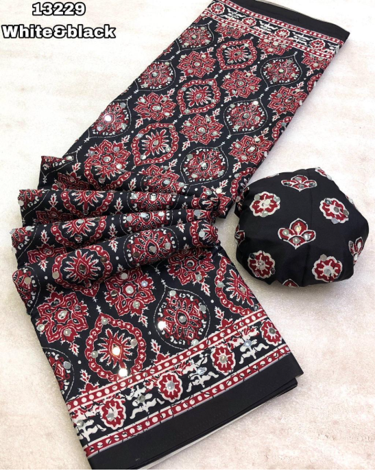 Ajrak pattern mirror work Saree-Black & White
